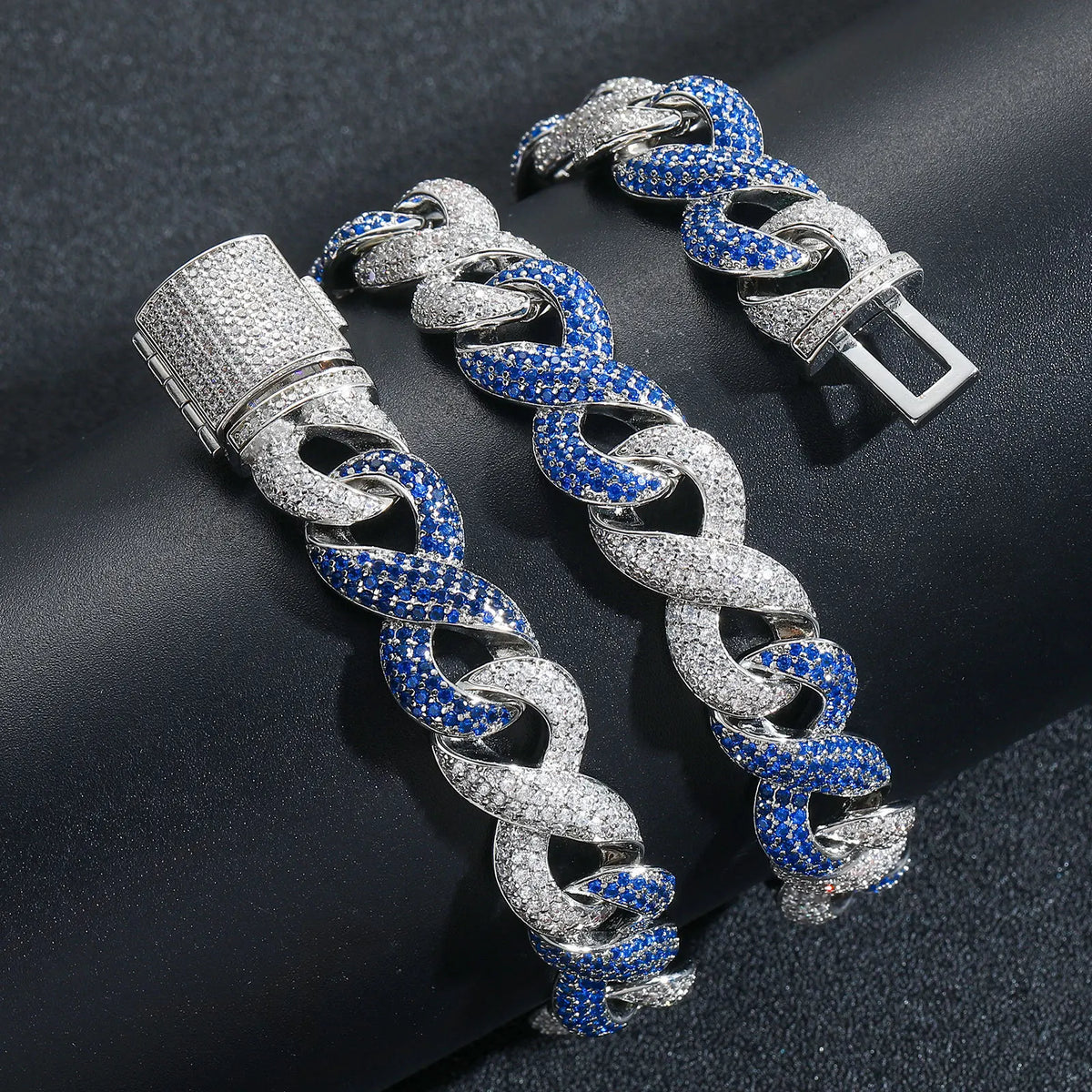 Men's Fashion Hip Hop 15mm Two-Color Infinite 8 Character Cuban Chain Necklace with Iced Zircon Jewelry Bracelet Necklace Set