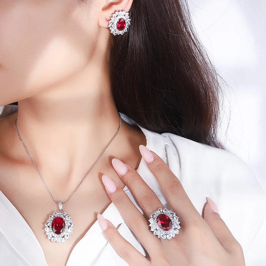 Gemfiori New Temperament Blue Rhinestone Zircon Jewelry Inlaid Vintage Earrings Ring Shiny Delicate Round Flower Necklace for Women Gifts