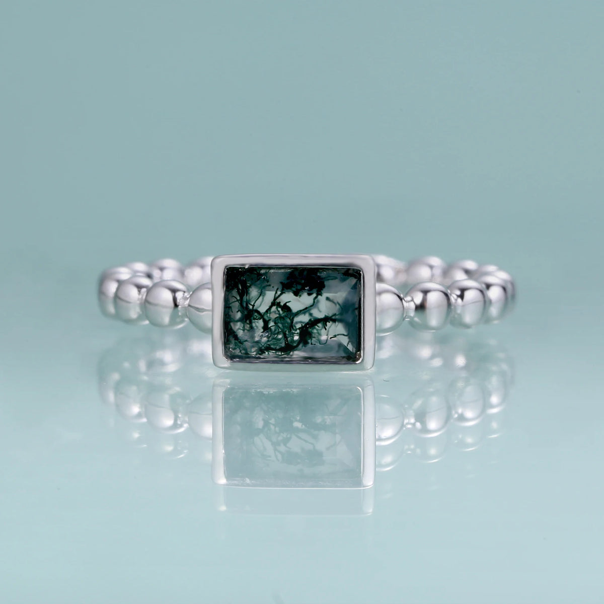 ArtistA Abiding Plated Silver 925 Natural Stone Ring Fancy Cut Natural Inspired Moss Agate Engagement Ring for Anniversary Bridal