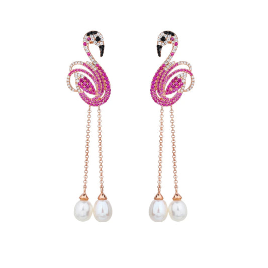 SILVERELLI Natural Pearl & Diamond Tassel Stud Earrings | S925 Sterling Silver | Gold Plated | Colourful