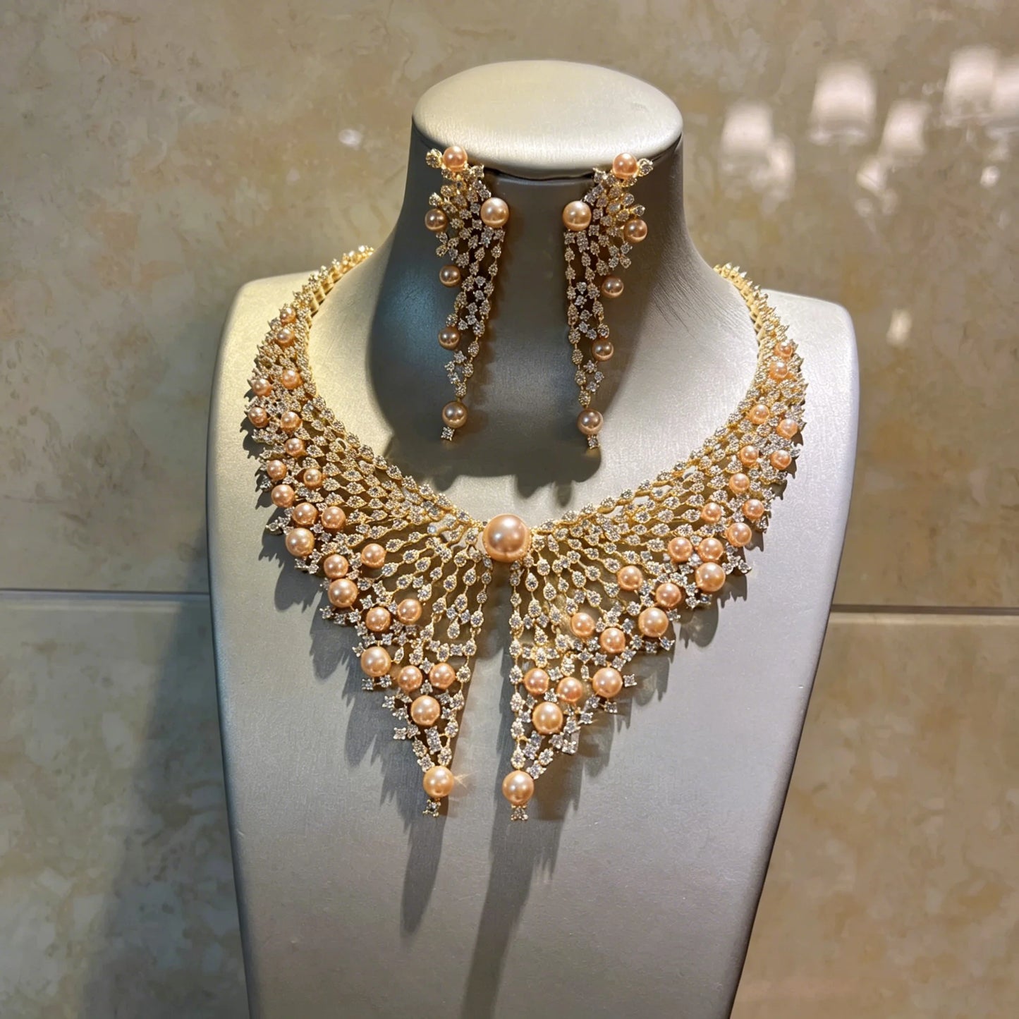XM S424 Gold Plated Hollow Mesh Champagne Pearl & Full Paved CZ Bib Choker Necklace & Long Tassel Drop Earrings Set