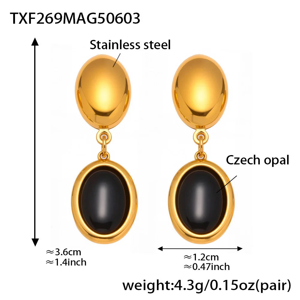 Natural Oval Opal Necklace, Bracelet & Earrings Jewellery Set | Bohemian Gold Plated Stainless Steel Set