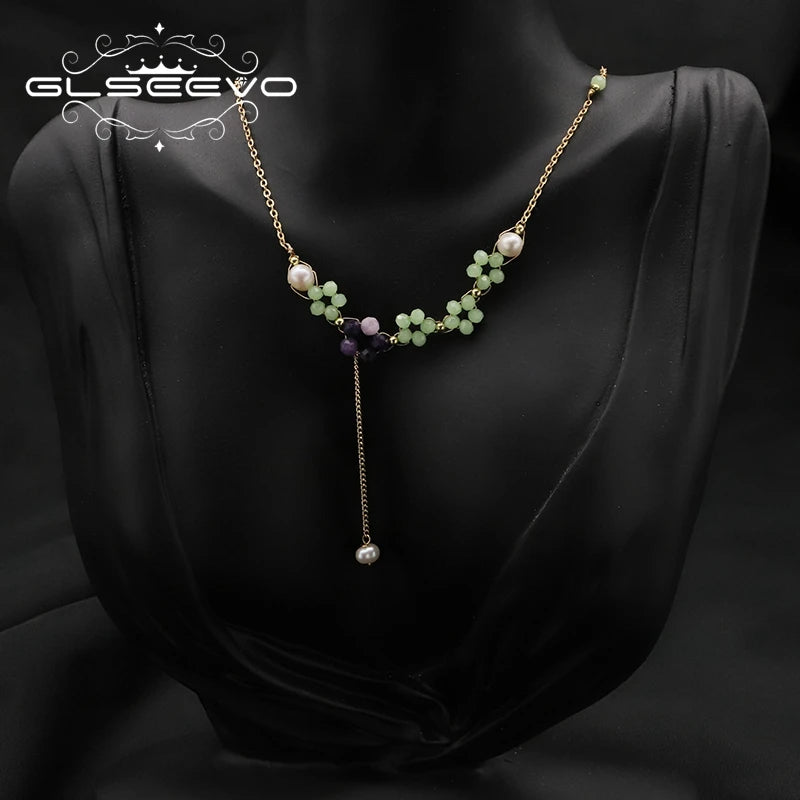 Natural Freshwater Pearl Amethyst Green Jade Flower Pendant Necklace Gold Plated Chain Beaded Trendy Necklace Women's Jewelry