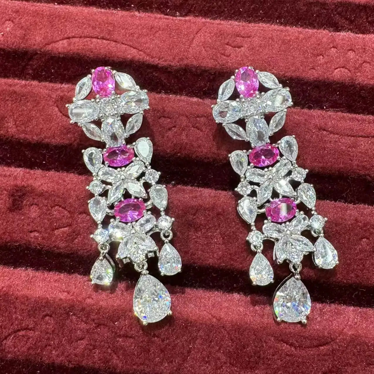 Luxury Cubic Zirconia Geometric Necklace & Earrings Bridal Set — Pink, Green & Purple