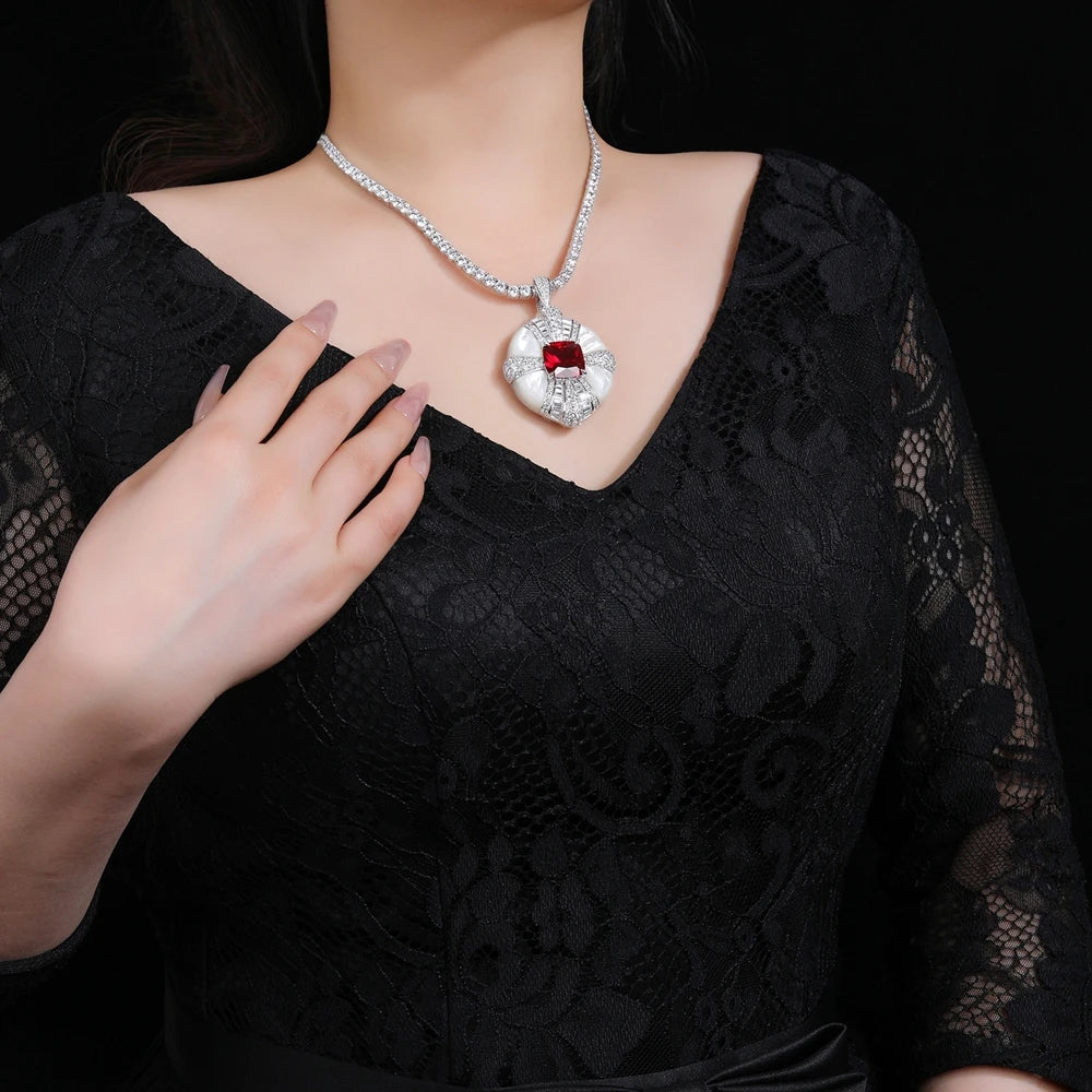 Silverelli | 925 Silver White Mother of Pearl & Ruby Pendant Necklace | White Gold Plated