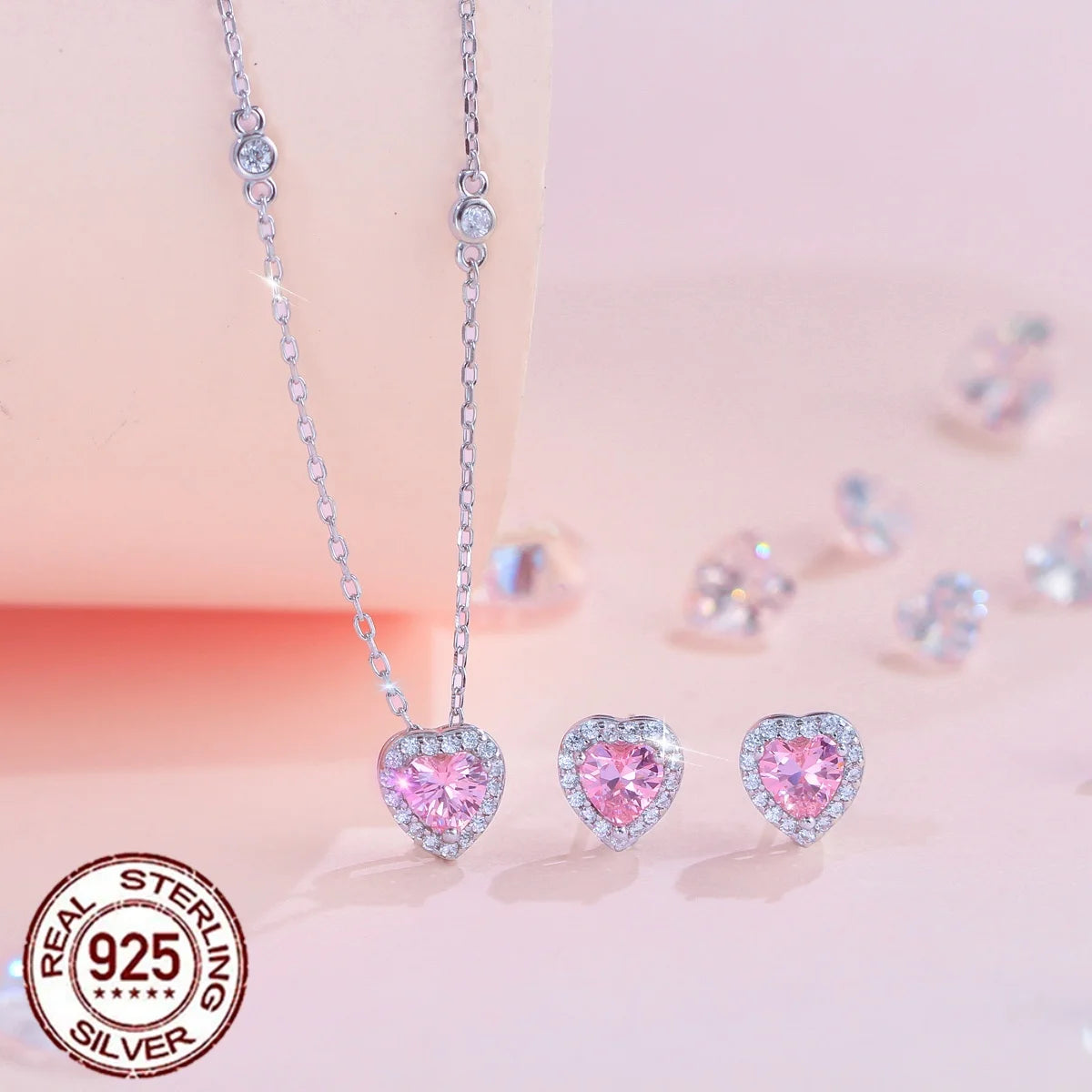 925 Sterling Silver Rhodium Plated CZ Pendant Necklace & Earrings Set with Pink Heart Cut for Women-Wedding Engagement Gift