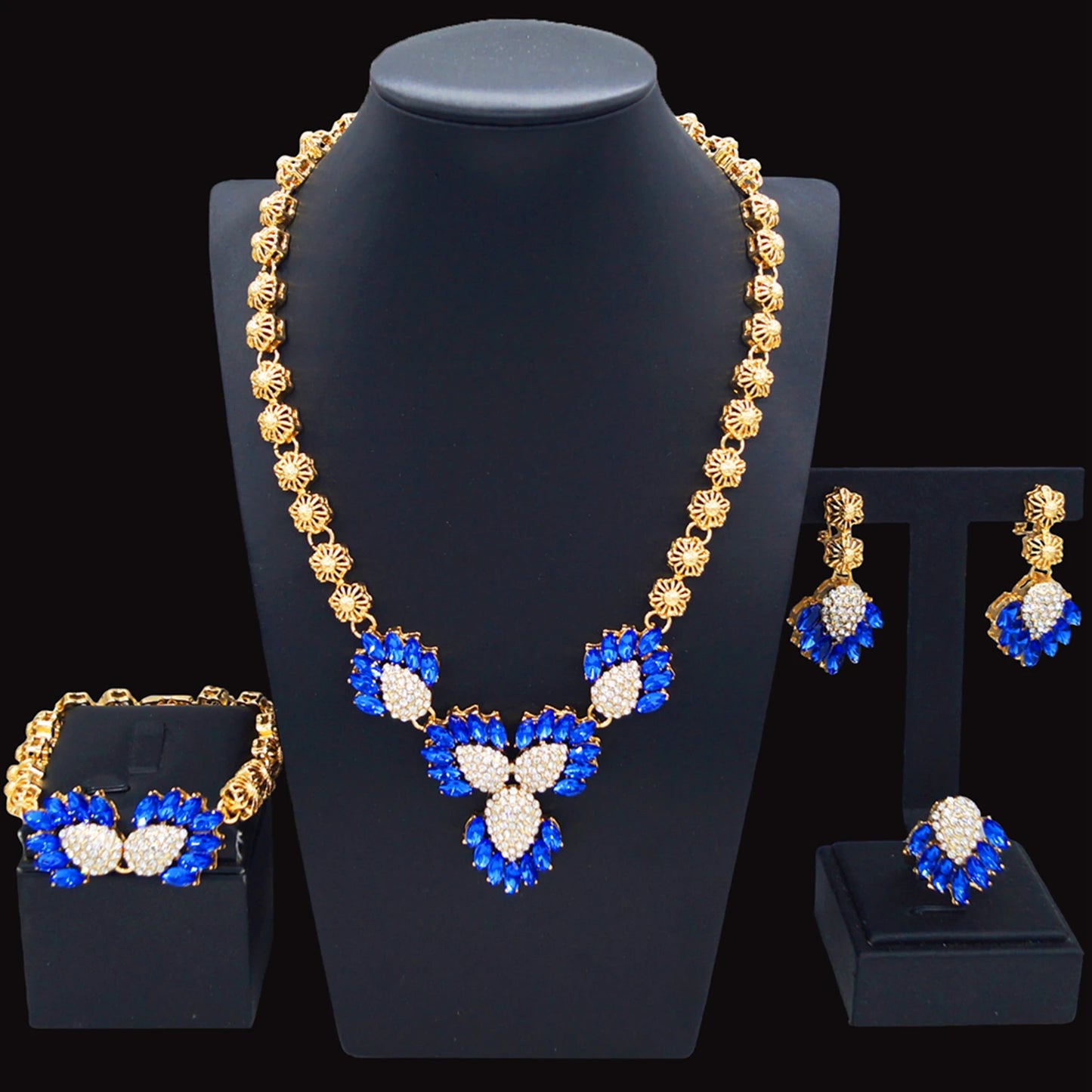 Zhuerrui Favors Bridal Gold Jewelry Sets Latest Blue Diamond Bead Necklace Jewelry Set High-end Woman Birthday Gifts HC23206