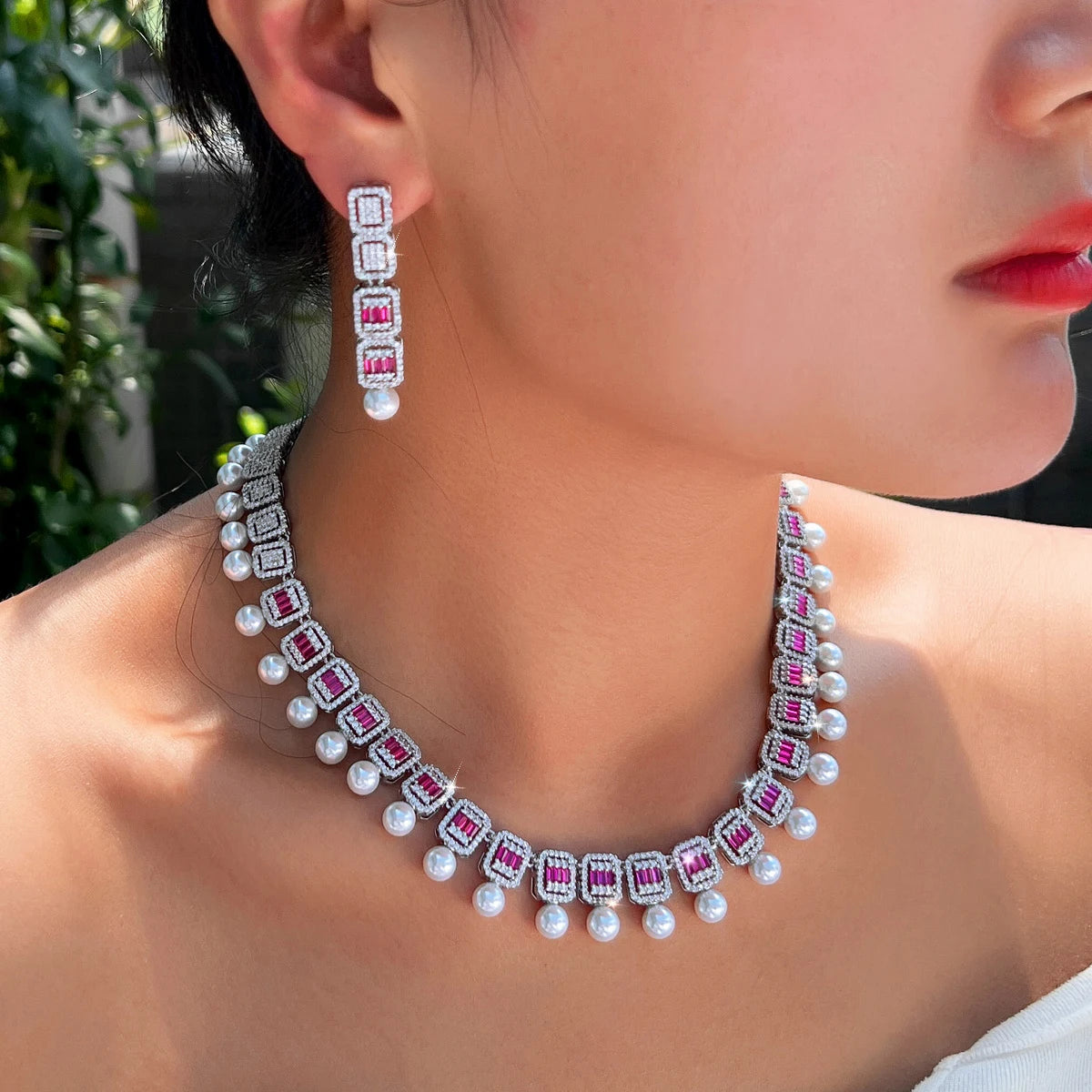 Women Glamorous Necklace and Earrings Red Cubic Zirconia Bridal Pearl Jewelry Set for Anniversaries Engagement Wedding Jewellery
