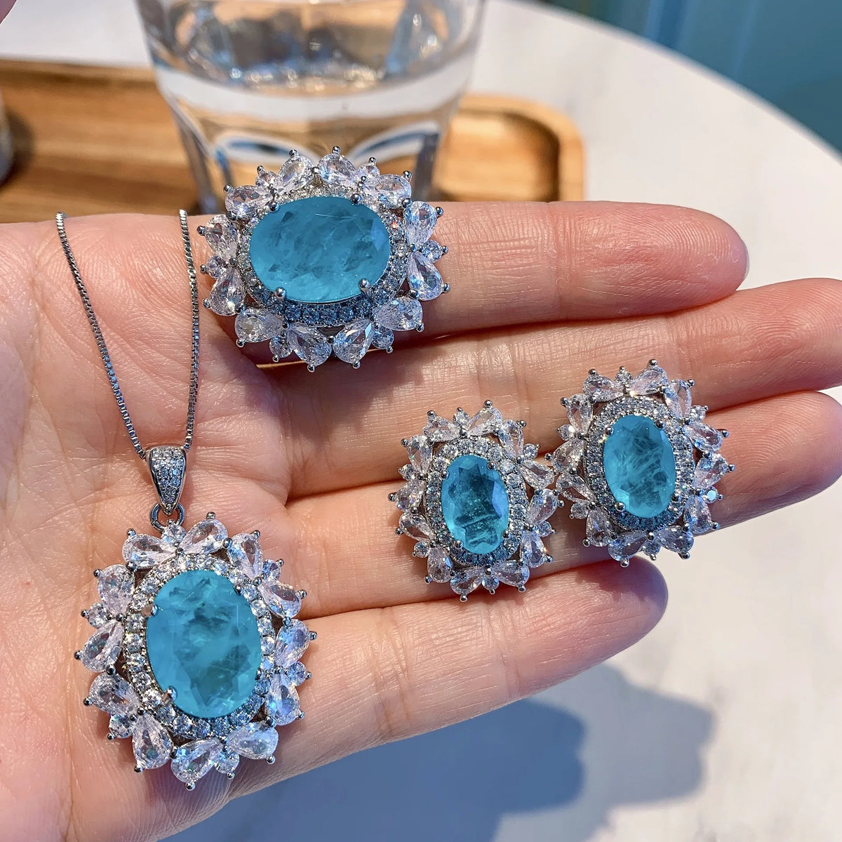 Gemfiori New Temperament Blue Rhinestone Zircon Jewelry Inlaid Vintage Earrings Ring Shiny Delicate Round Flower Necklace for Women Gifts