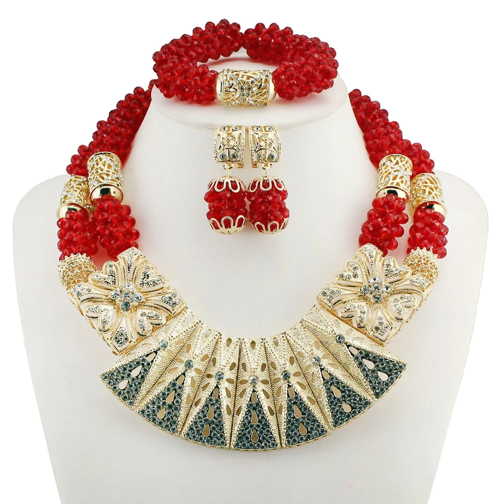 Zhuerrui Luxurious Nigerian Traditional Red Bead Necklace and Earring Set Gold-Plated African Bridal Wedding Jewelry YL167