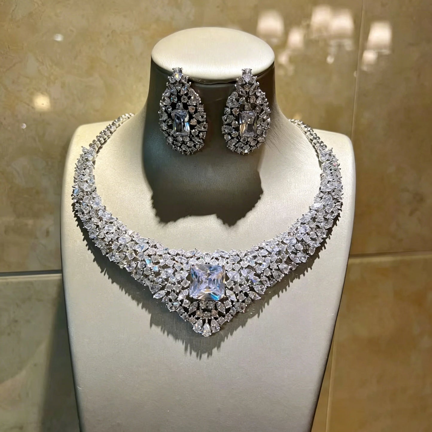 XM S408 Silver Plated Full Pavé Crystal Princess Cut CZ Bridal Choker & Drop Earrings Set