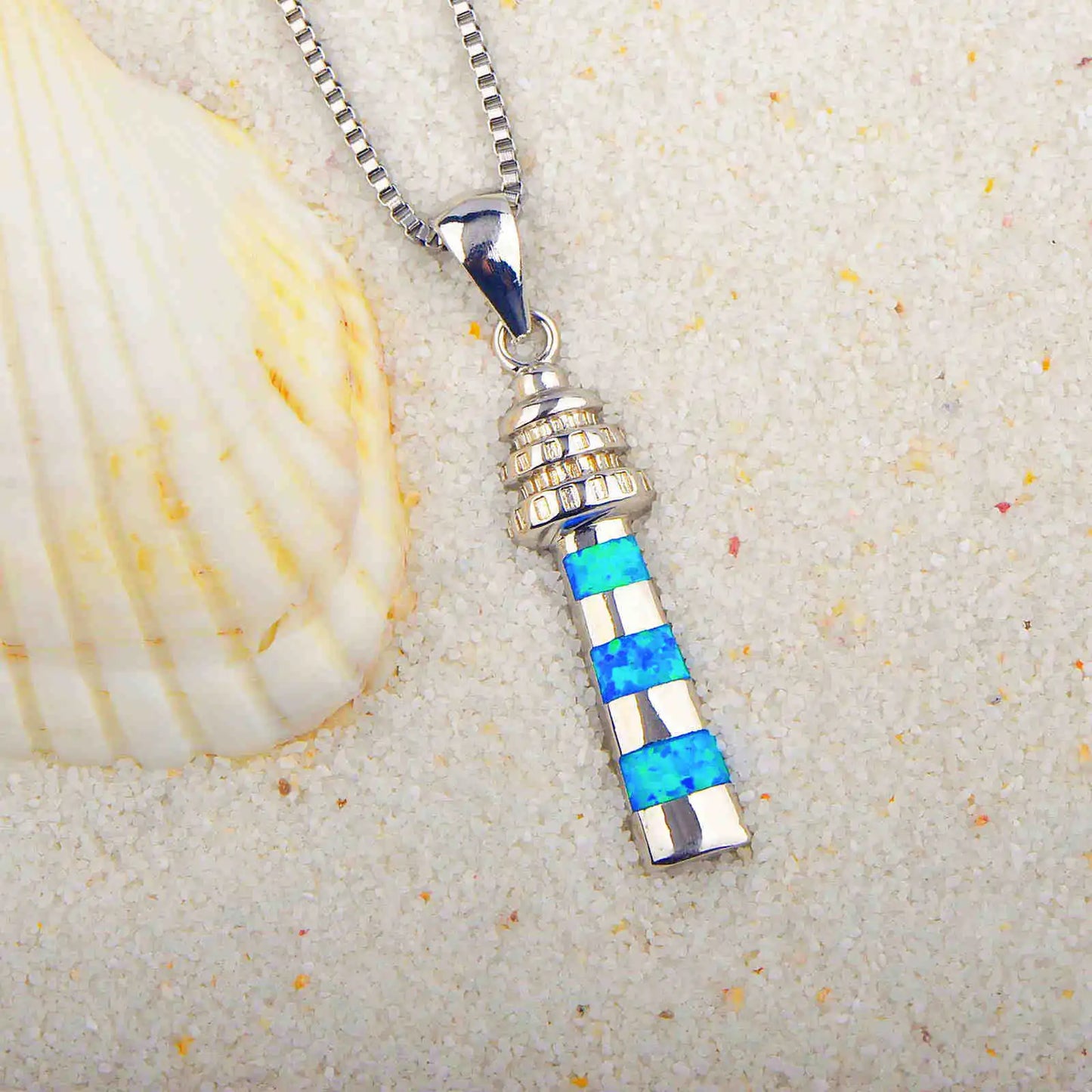 Aobao Christian Copper Blue Opal Geometric Lighthouse Necklace Silver Plated Sweater Chain Pendant Gift