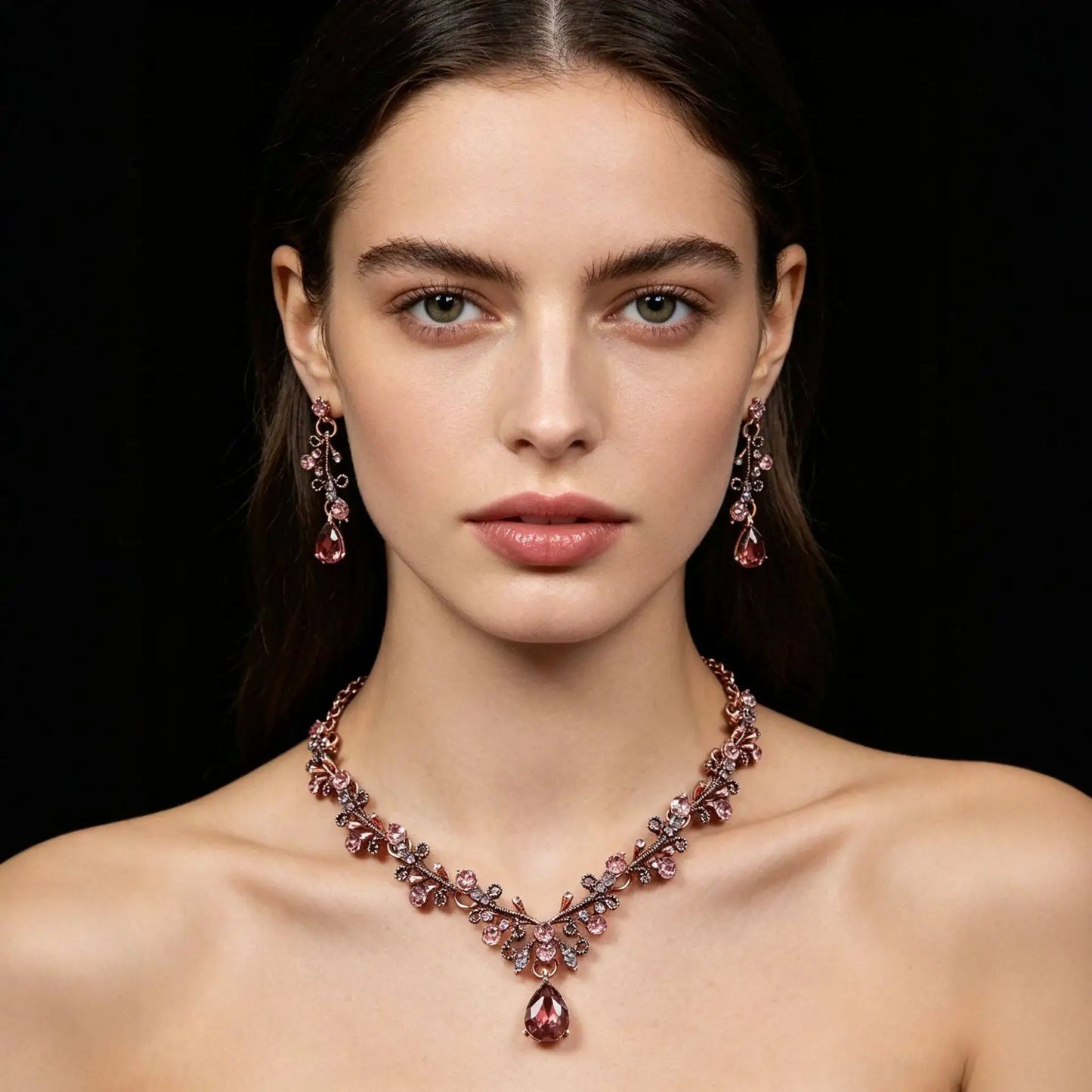 XM S390 Gold Plated Marquise Topaz Leaf & Gem Drop Collarbone Necklace & Earrings Set