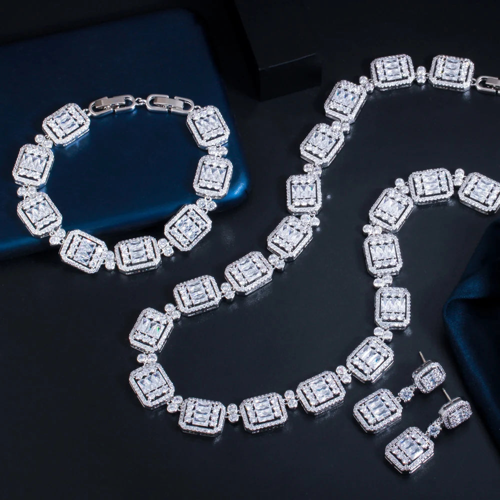 2022 High Quality 3pcs 18k Gold Plated African Nigerian Cubic Zircon Square Party Necklace Earrings Bridal Wedding Jewelry Set