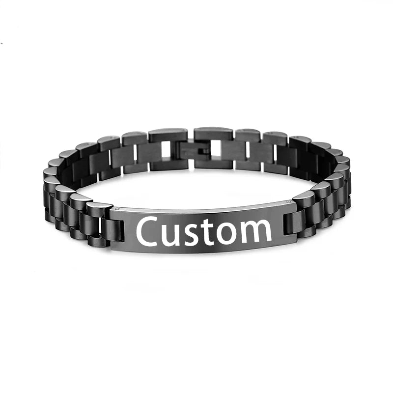 Wholesale Stainless Steel Custom Engraving Name Logo  Watch Band Chain Wristband ID Bracelets for Men