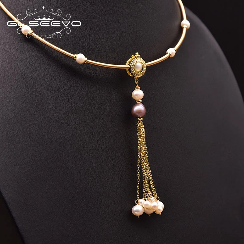 Natural Freshwater Pink Baroque Pearl Necklace for Woman Handmade Tassel Pendant Chain Style Vintage Jewelry Wholesale