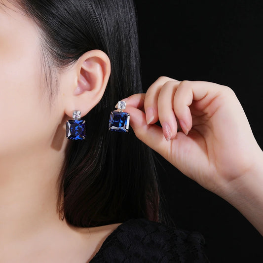 SILVERELLI Blue High Carbon Diamond Stud Earrings | S925 Sterling Silver | 18K Gold Plated | Classic Geometric