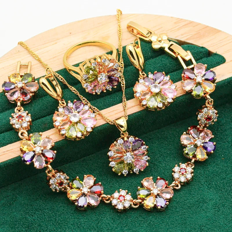 XOTICA Women's Gold Plated Silver Wedding Jewelry Set Multi-Color Zircon Emerald Earrings Bracelet Necklace Ring-for Parties Special