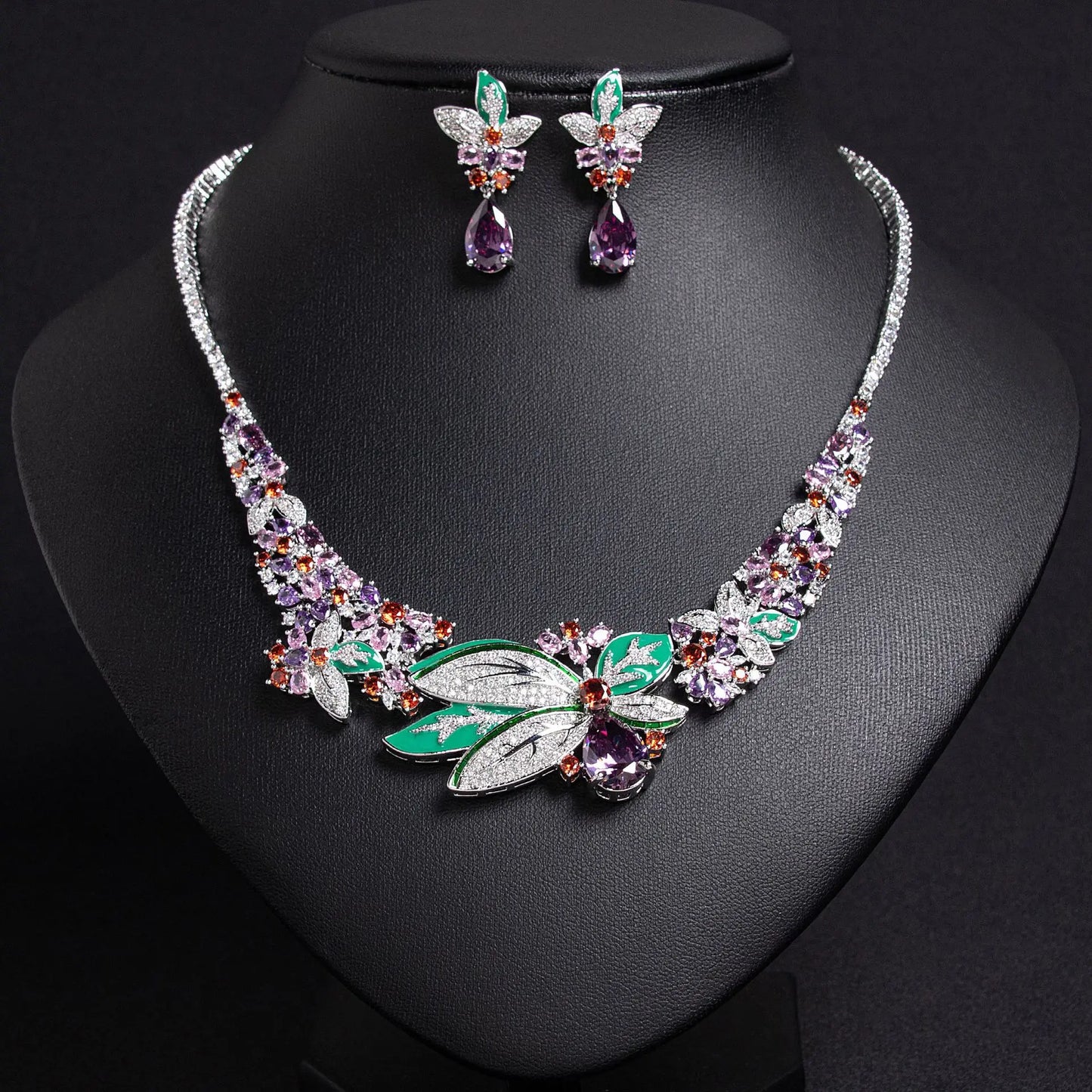 Newest Vintage Platinum Plated Brass Greek Iris Zirconia Dragonfly Necklace Earrings Sets Retro for Anniversary Gift