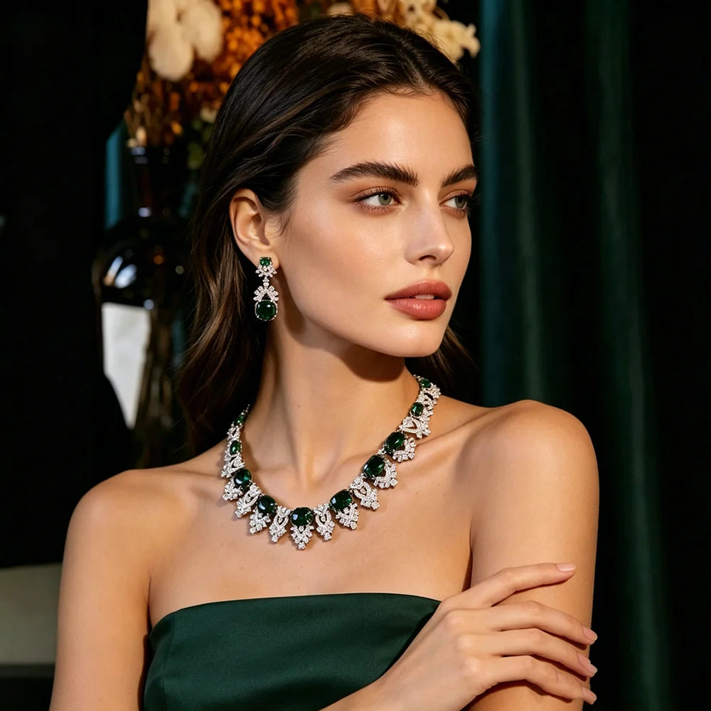 XM S309 Emerald Green & White Zircon Floral Statement Necklace & Drop Earrings Set