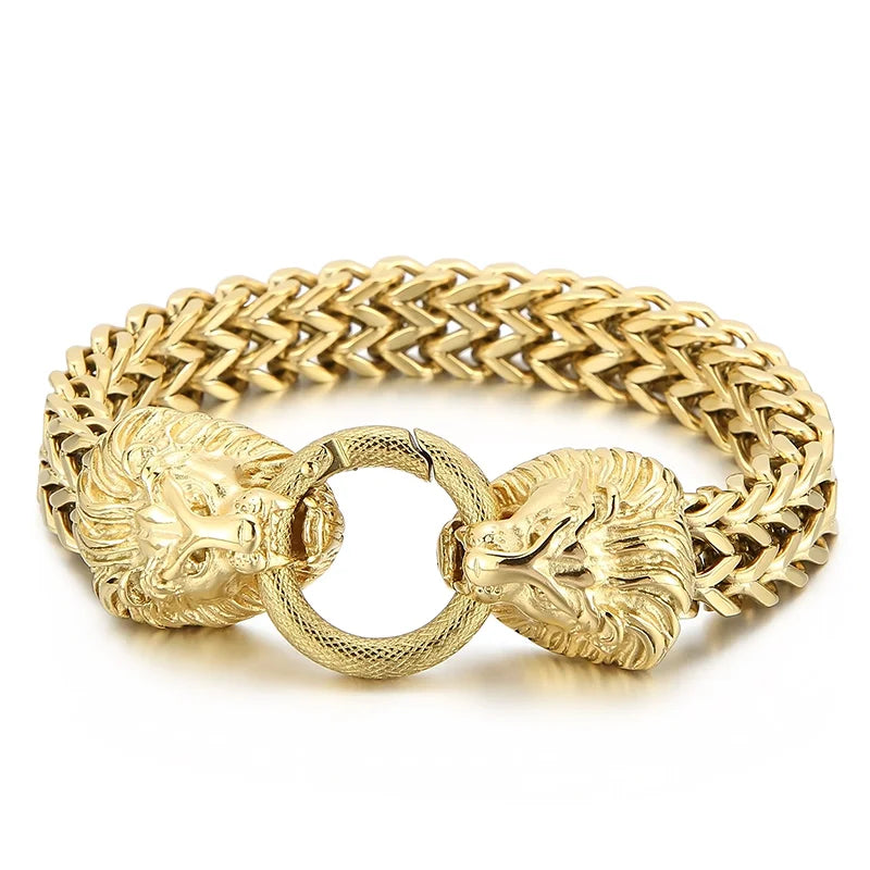 VIKING Mens Lion Head Herringbone Link Bracelet – Silver & Gold