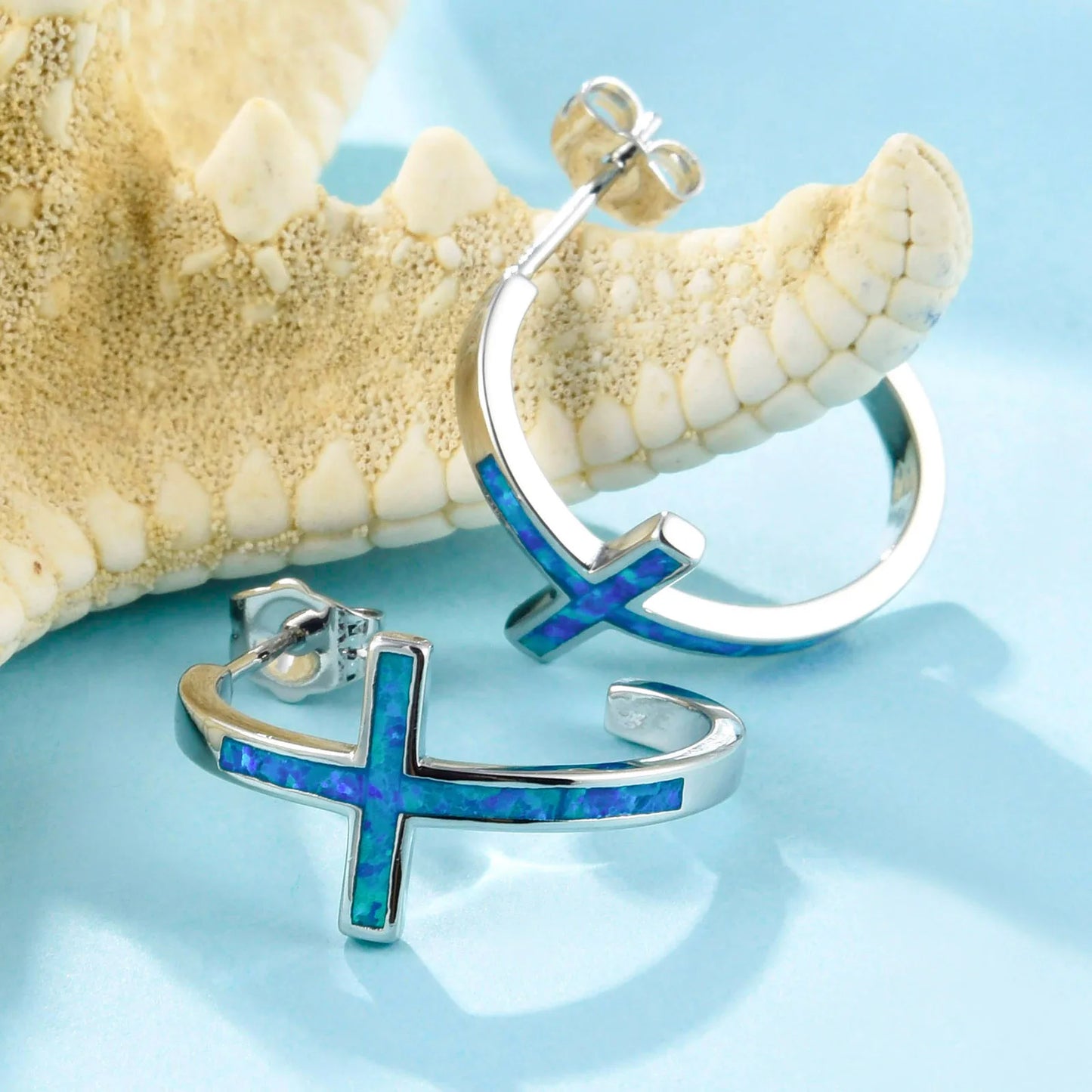 Faith Cross Opal Huggie Earrings - Blue Fire Opal Inlaid Cross Hoop Design | Minimalist Spiritual Jewelry Bulk Gifts