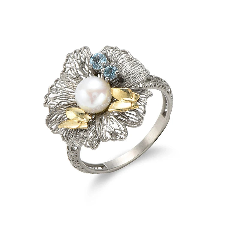 3D Printer Fashionable Flower Silver Charm Jewelry Pearl Rings