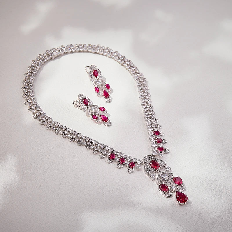 Classic High-end Brass Necklace and Earrings Featuring Zircon Retro Style Suitable for Rhodium Plating at Weddings and Parties