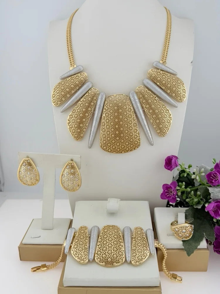 Italian Gold-Plated Jewelry Sets Necklace Bracelet Earrings Ring Four-Piece Sets Exaggerated Luxury Wedding Jewellery Set