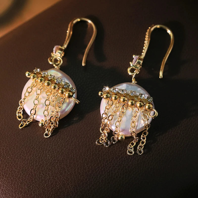 Baroque Flat Bead Natural Freshwater Pearl Tassel Earrings 18k Gold Plated Design Ear Hooks Women's Jewelry GE0869