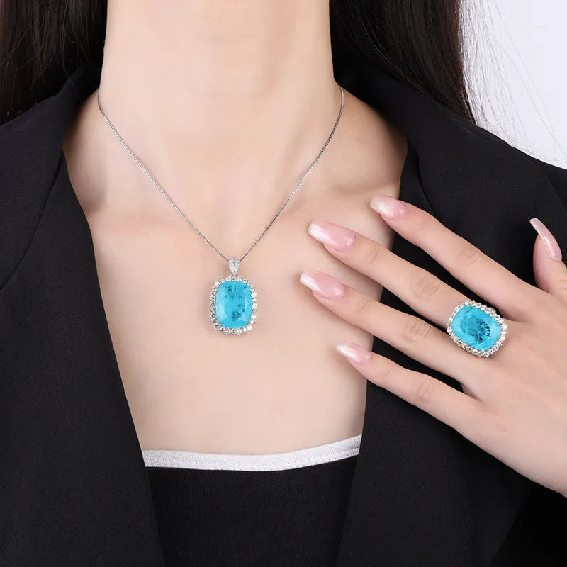 Gemfiori Light Luxury Niche Design with Inlaid Blue Zircon Wedding Set Pendant Earring Bridal Jewelry Accessories