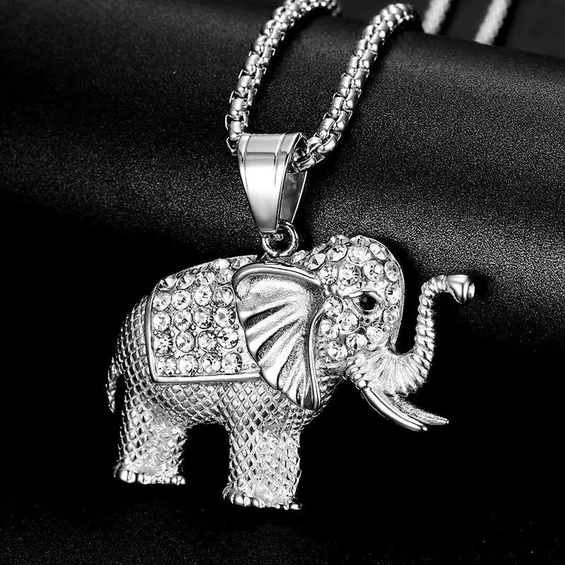 Hip Hop Animal Elephant Cubic Zirconia Waterproof Tarnish Free Stainless Steel Jewelry Pendant Necklaces for Male Man Mens