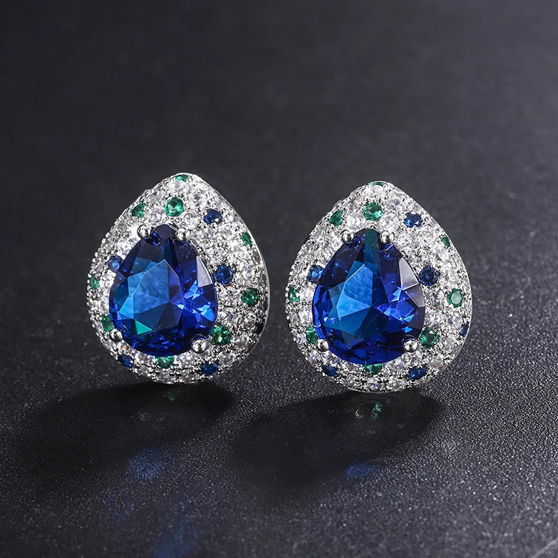 Fashion Eco-friendly Copper Pear Cut 10*12MM Water Drop Blue Pendant Earrings Ring Set Water Drop Jewelry Set for Women