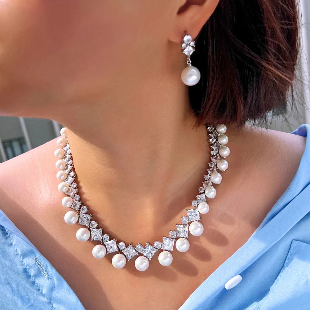 High Quality Cubic Zircon Statement Necklace and Earrings Bridal Imitation Big Pearl Jewelry Set for Women Wedding Accessories