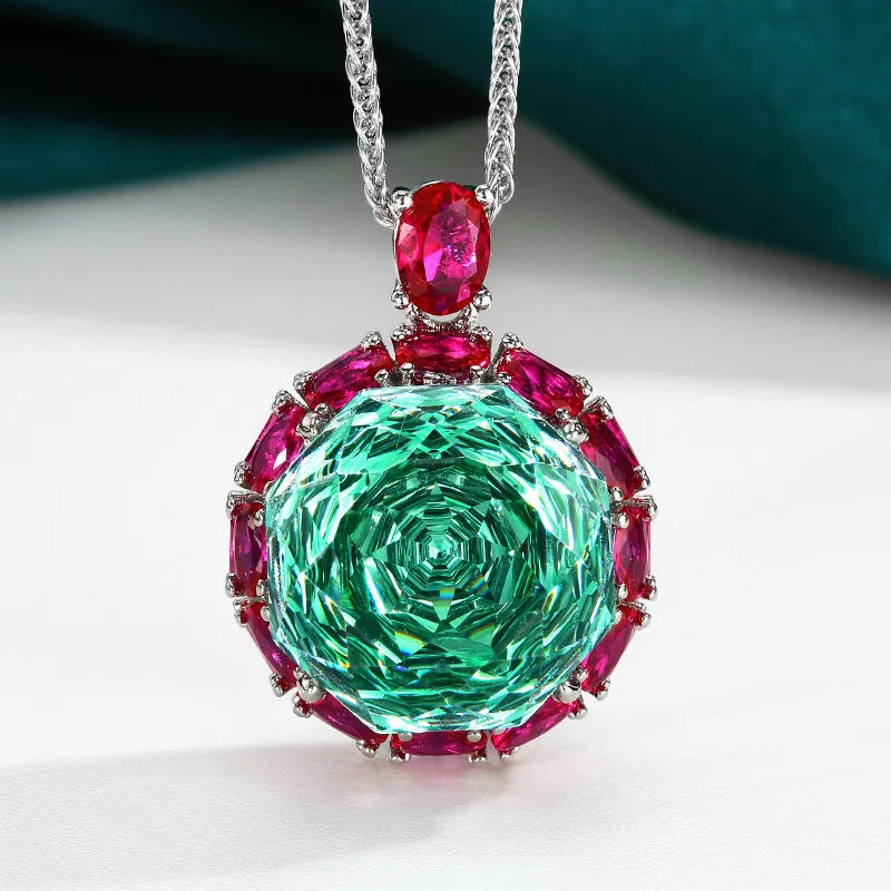 Gemfiori Luxury Women's Jewelry Set Rose Cut Green Crystal Zircon Pendant Necklace Ring Wedding Set
