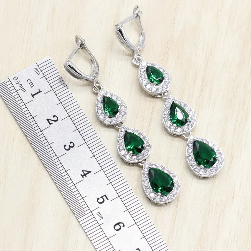 XOTICA Water Drop Zircon Green Stones Jewelry Set Bracelet for Women Platinum Plated Engagement Wedding Party Long Earrings Ring