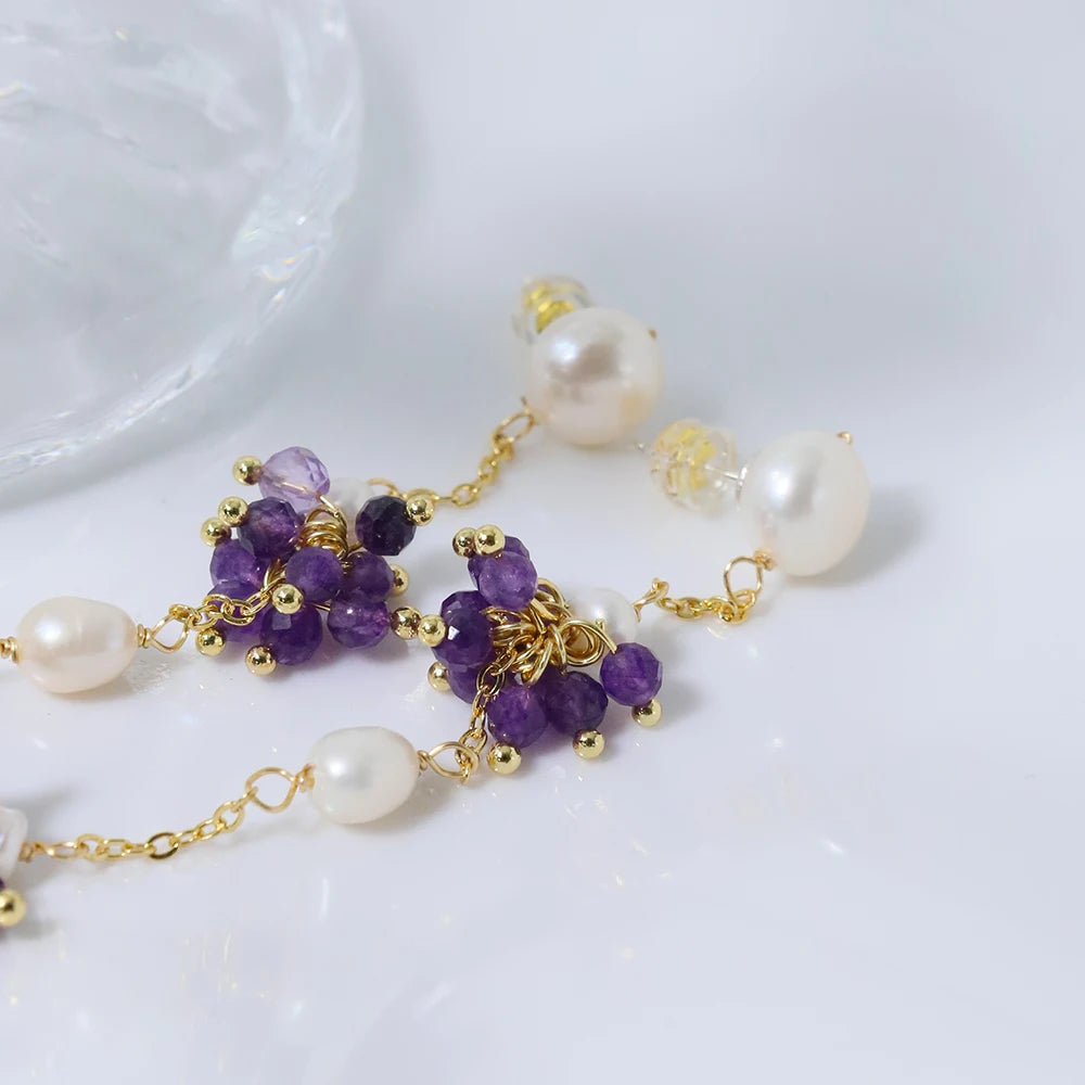 Natural Freshwater Pearl Amethyst Small Bead Long Pendant Korean Women's Luxury Jewelry Fashion Women's and Girls' Gifts GE1561