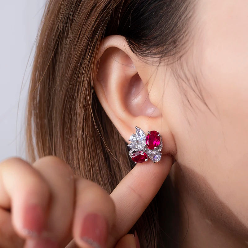Messi Jewelry MSE-605 Fancy Shape Sparkling Red/white Corundum Flower Design S925 Earrings Engagement Dating Gift for Girls