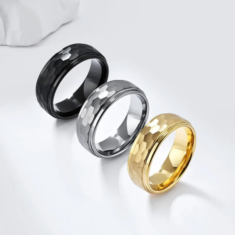 Men's 8mm Tungsten Carbide Ring Hammered Finish 18K Gold Plated Classic Comfortable Inner Band Engagement