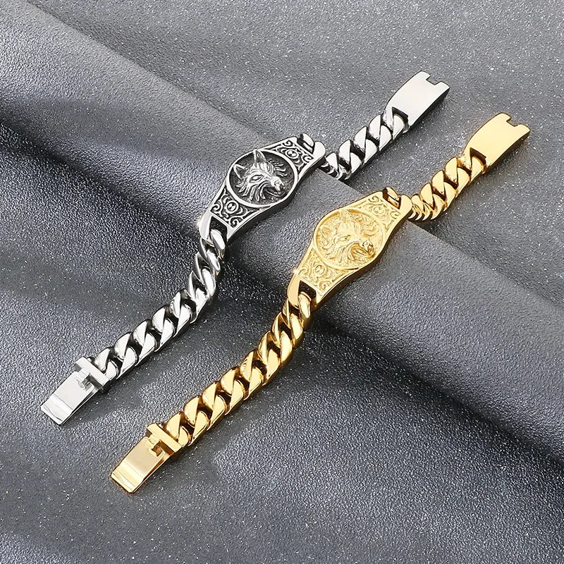 REBEL Punk Fine Jewelry Fashion Bracelets Stainless Steel Wolf Charm Links Bracelet