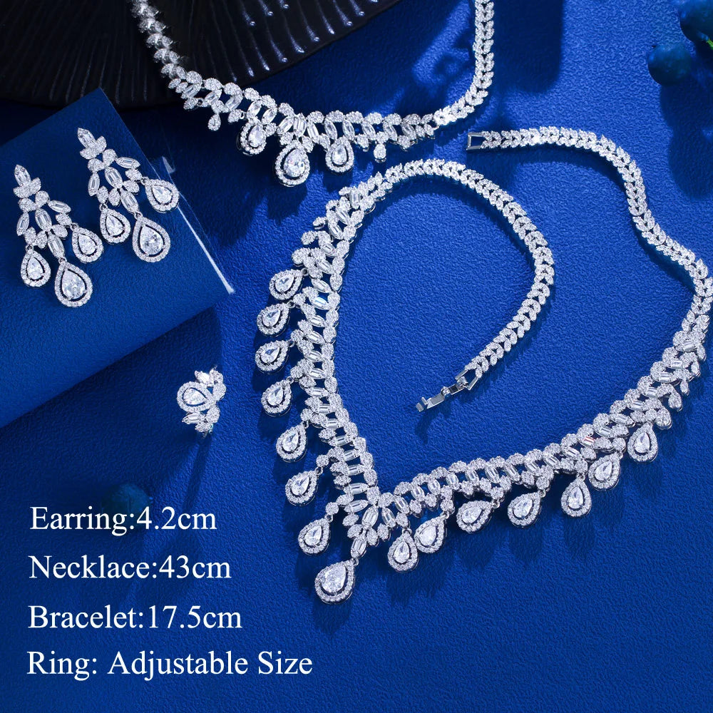 4pcs Cubic Zirconia Big Tassel Necklace Earrings Bracelet and Ring Luxury Wedding Bridal Jewelry Set for Women