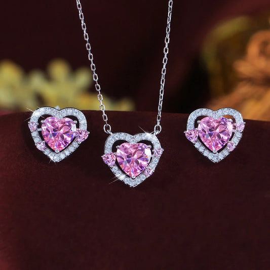 Fine Zirconia Jewelry Set 925 Sterling Silver Pink CZ Love Heart Pendant Necklace Earrings Romantic Jewelry Set for Women