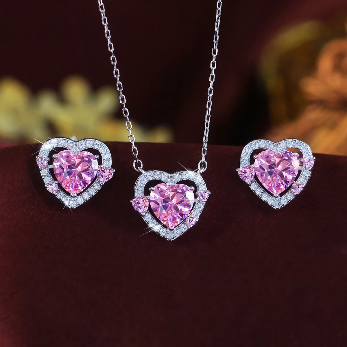 Fine Zirconia Jewelry Set 925 Sterling Silver Pink CZ Love Heart Pendant Necklace Earrings Romantic Jewelry Set for Women