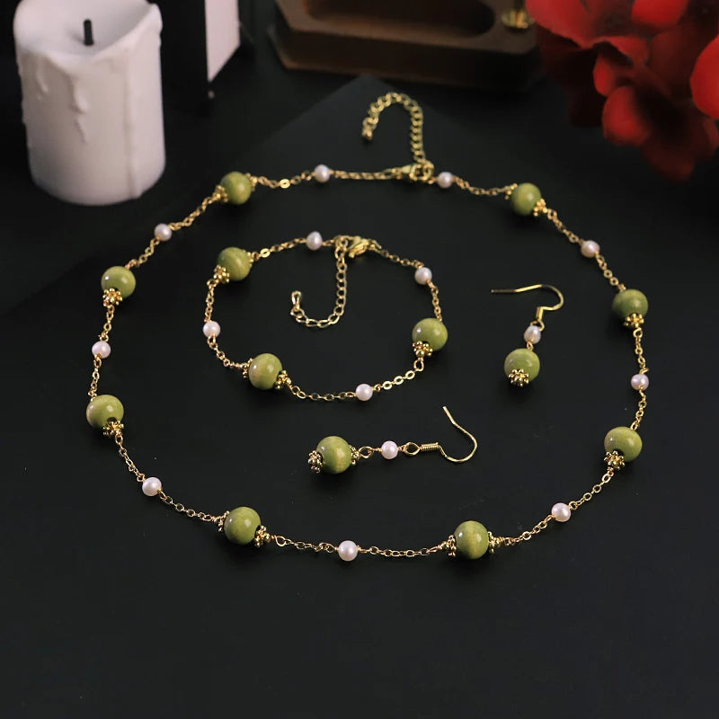 GLSEEVO Natural Freshwater Pearl & Olive Green Wood Bead 3-Piece Jewellery Set — Necklace, Bracelet & Earrings