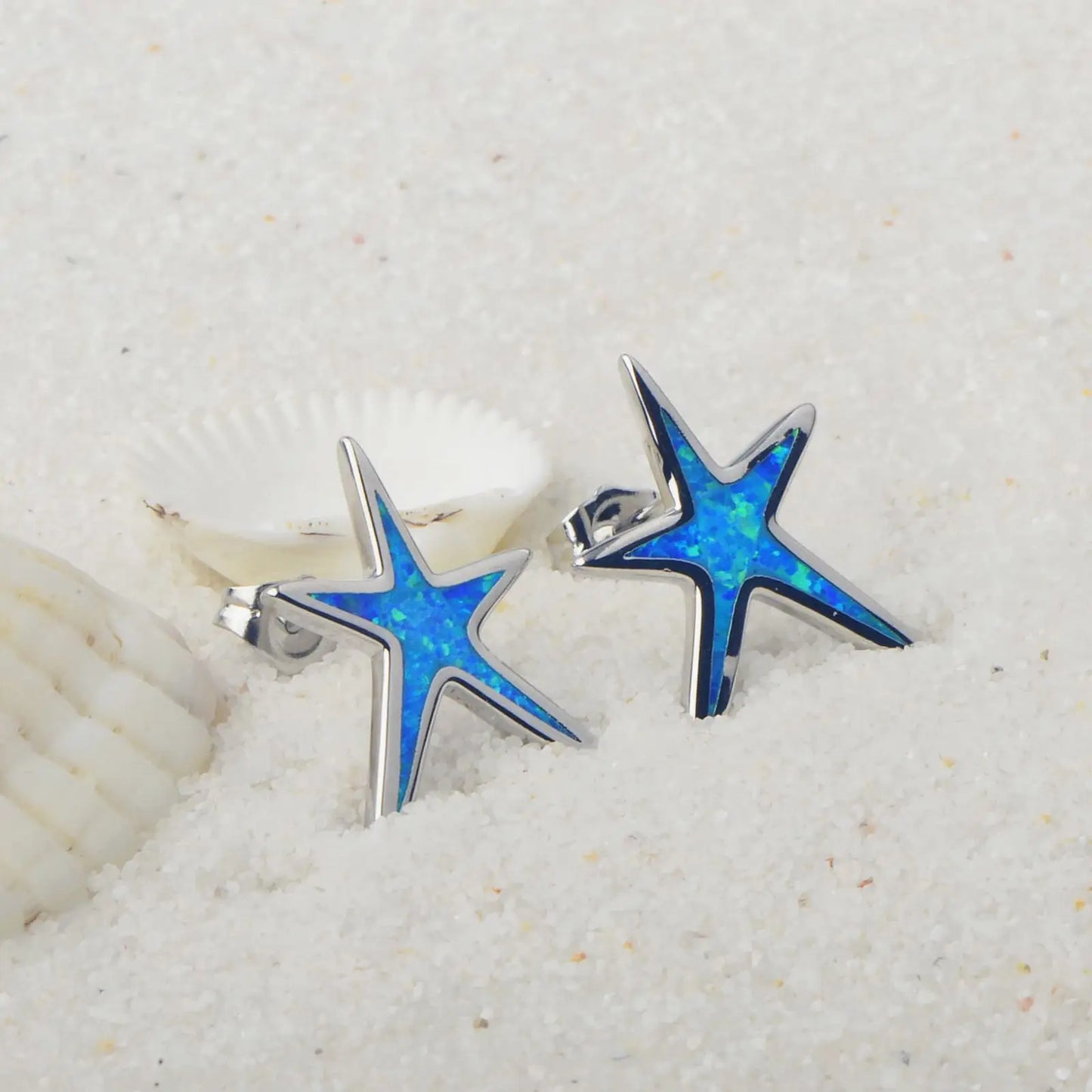 Starfish Stud Earrings - Blue Opal Inlaid Silver Plated Ocean Jewelry for Women Wholesale