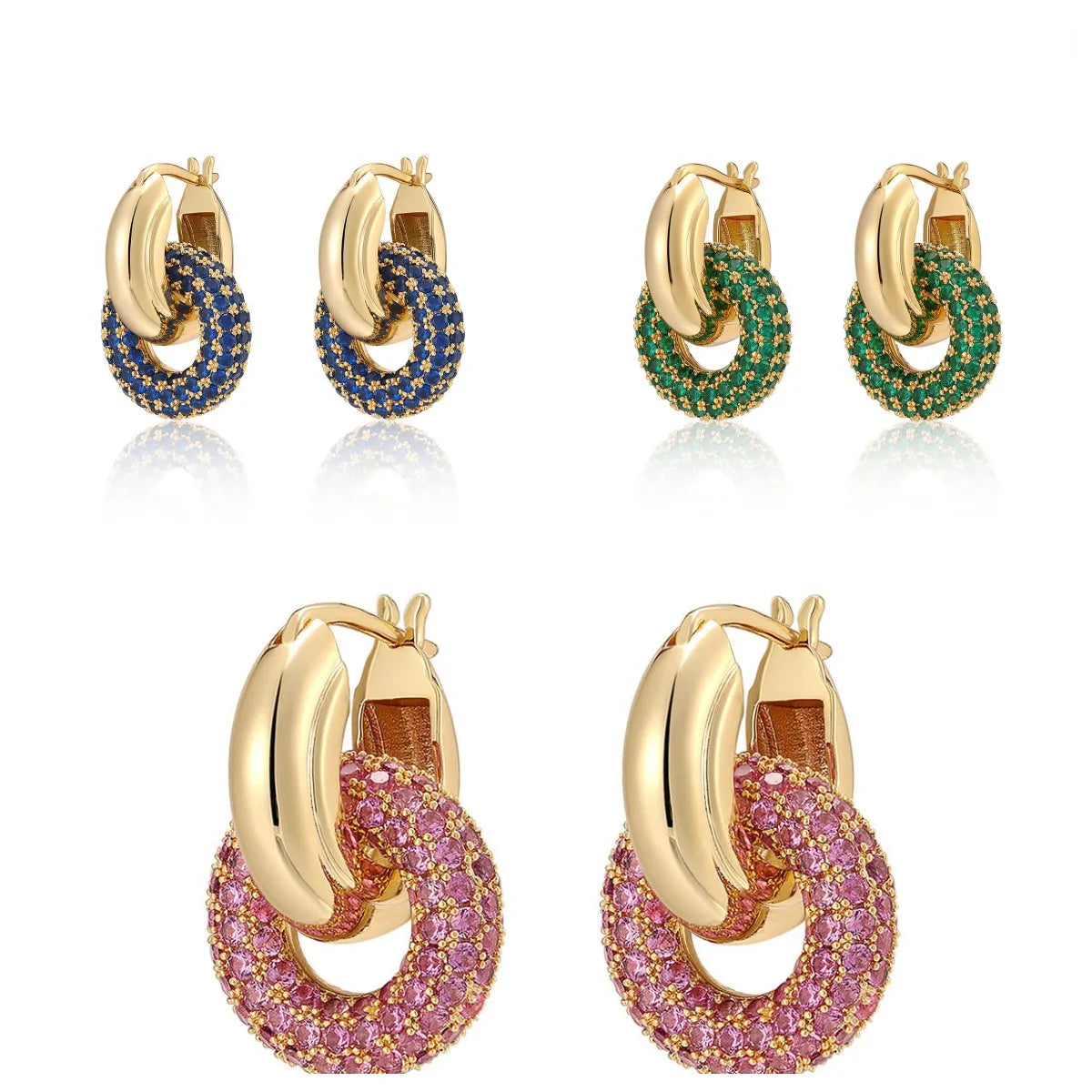 Pink Green Blue Colorful Zirconia Double Circle Huggie Hoop Earring 5A CZ High Quality Bling Fashion Design Women Jewelry