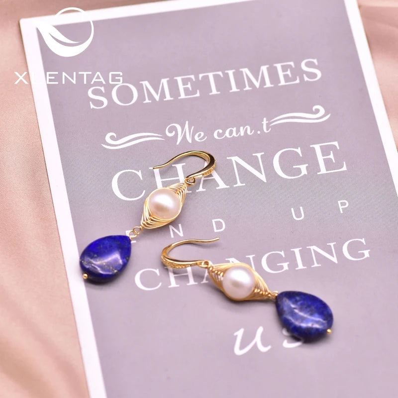 Natural Lapis Lazuli Pendant Earrings Boho Aesthetic Stone Hook Accessories for Women Romantic Fine Jewelry