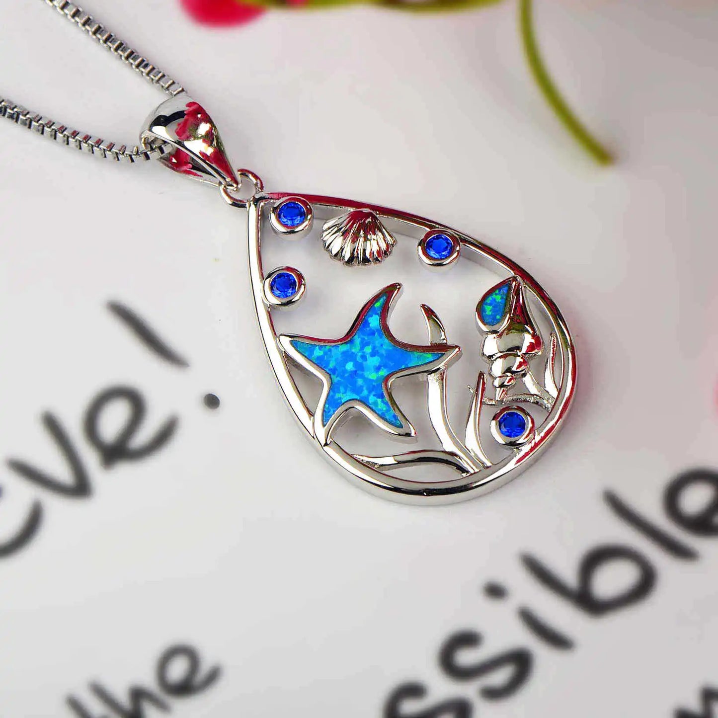Fashion Trendy Christian Starfish Design Sparkling Blue Opal Silver Plated Copper Sweater Chain Necklace Women's Gift Occasion