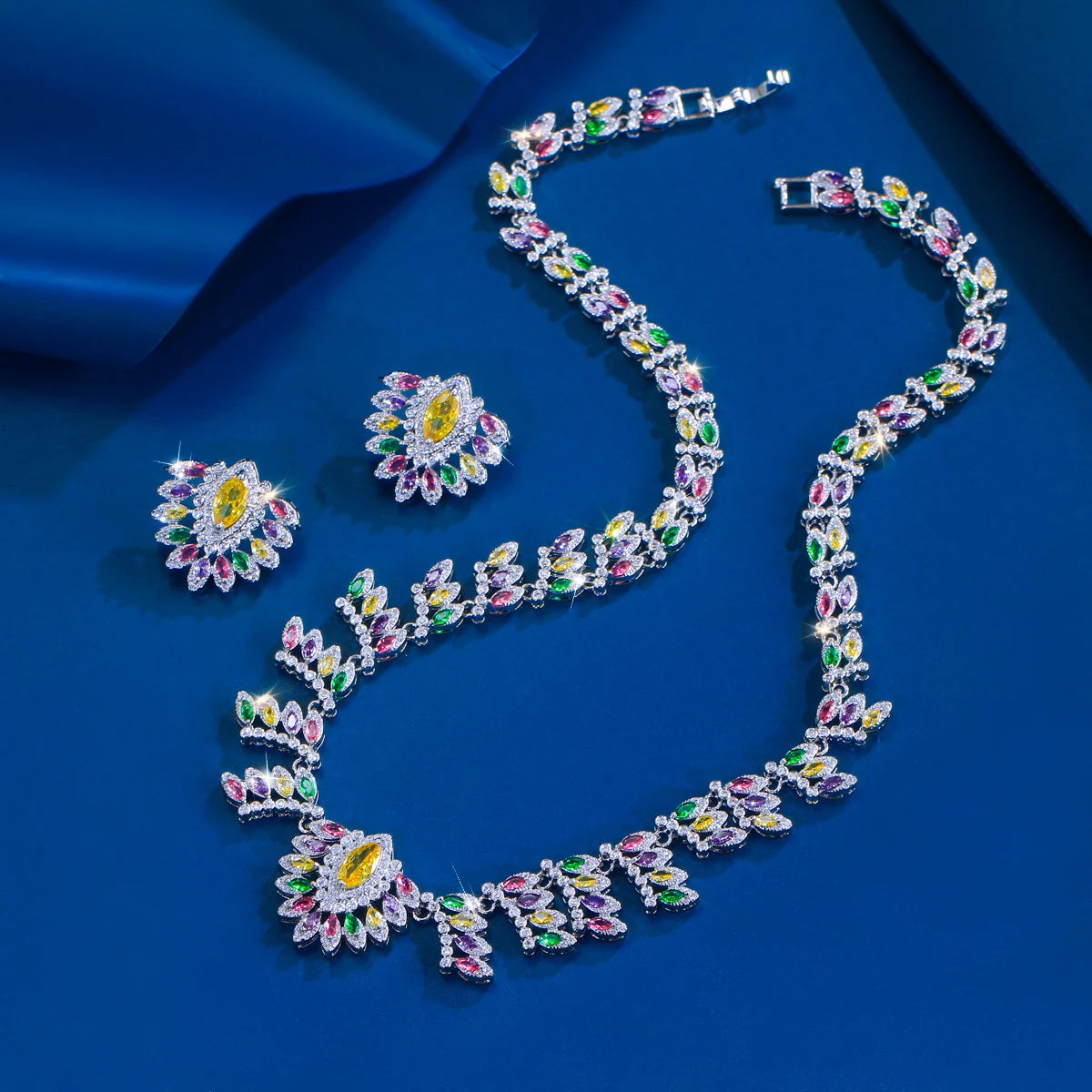 Super Luxurious Jewelry Set Multicolor Zircon Marquise Cut Leaf Necklace Earrings Engagement Wedding Big Jewelry Set for Women