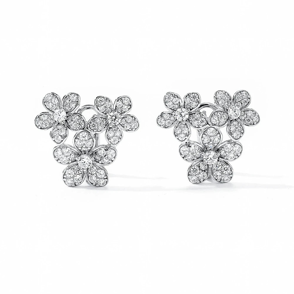 MUSHAN Jewelry Factory Full Diamond Three Flower S925 Pure Silver Petal Stud Earrings High End Electroplated Gold Jewelry